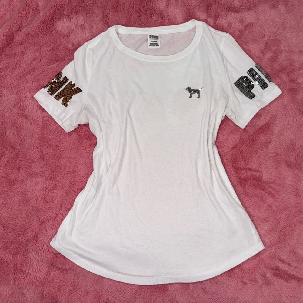 Victoria's Secret PINK White Tee with Bling Sequin Dog Accents